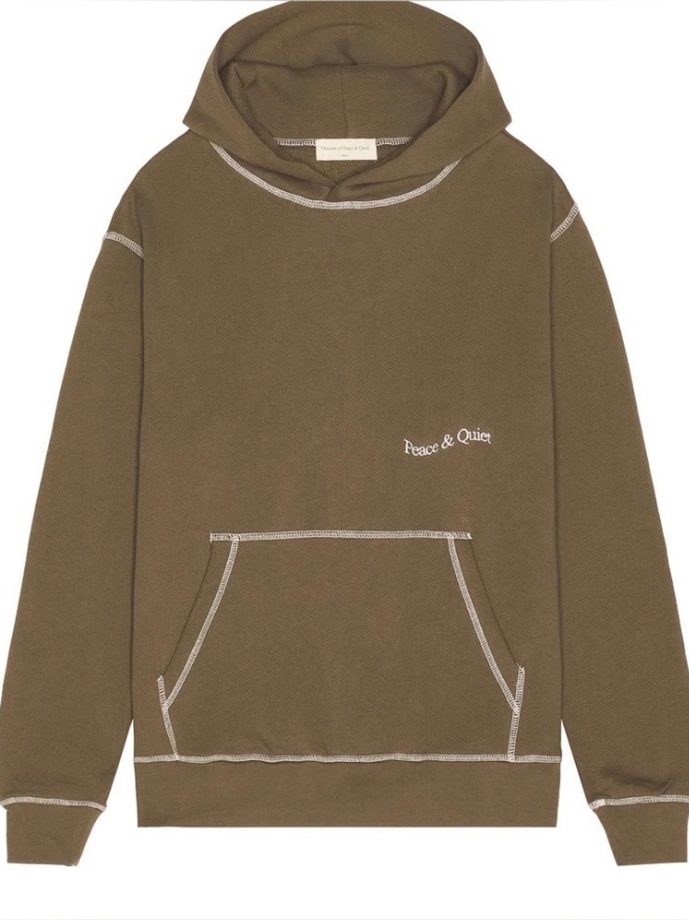 Museum of Peace & Quiet Mens Contrast Stitch Hoodie Olive Brown Medium NWT
